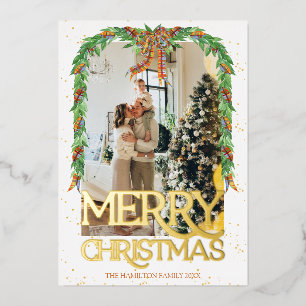Plaid Orange Bow Photo Gold Foil Merry Christmas