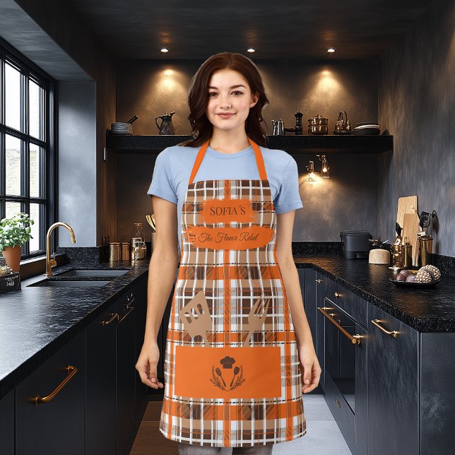 Plaid Orange Customisable with Kitchen Utensils Apron (Creator Uploaded)
