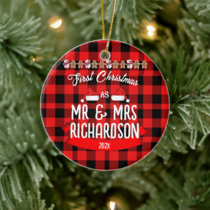 Plaid Our First Christmas as Mr and Mrs Newlywed Ceramic Tree Decoration