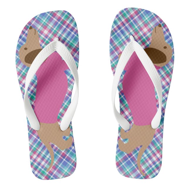 Plaid Pastel Dachshund Flip Flops (Footbed)