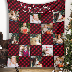 Plaid Patchwork 13 Photo Collage Family Christmas Fleece Blanket