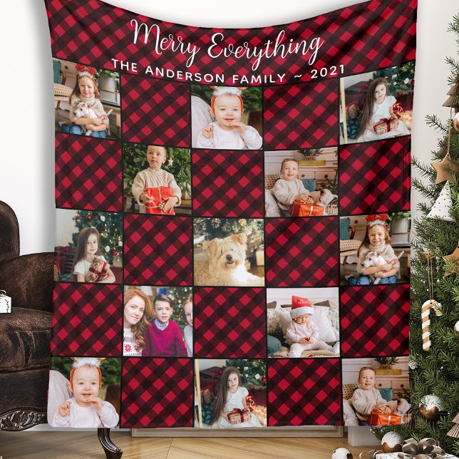 Plaid Patchwork 13 Photo Collage Family Christmas Fleece Blanket (Creator Uploaded)