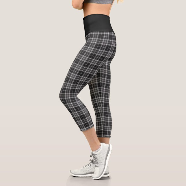 Plaid Pattern Abstract Elegant Grey Black Tartan C Capri Leggings (Left)