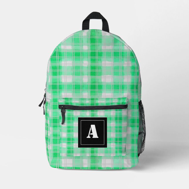 Plaid Pattern Gingham Check Light Green Monogram Printed Backpack (Front)
