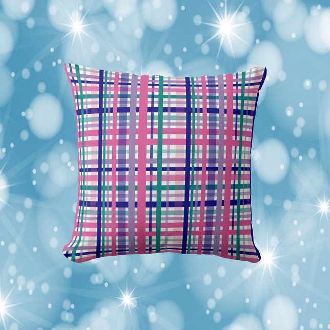 Plaid Pattern Teal Purple Navy Blue Berry Pink Cushion (A throw pillow with a purple, teal, pink and blue plaid pattern.)