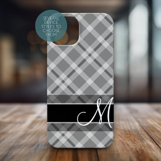 Plaid Pattern with Monogram - black white grey iPhone 15 Case