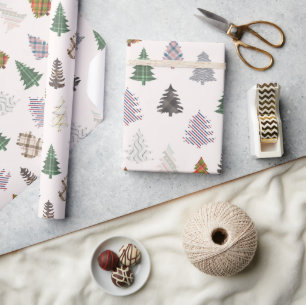 Plaid Patterned Christmas Trees Off White Wrapping Paper