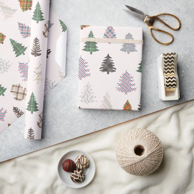 Plaid Patterned Christmas Trees Off White Wrapping Paper (Crafts)