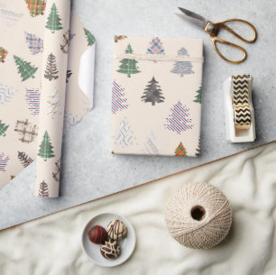 Plaid Patterned Christmas Trees Pattern in Cream Wrapping Paper