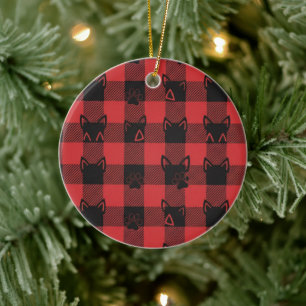 Plaid Paws Buffalo Plaid with Cat Ears and Paw Ceramic Tree Decoration