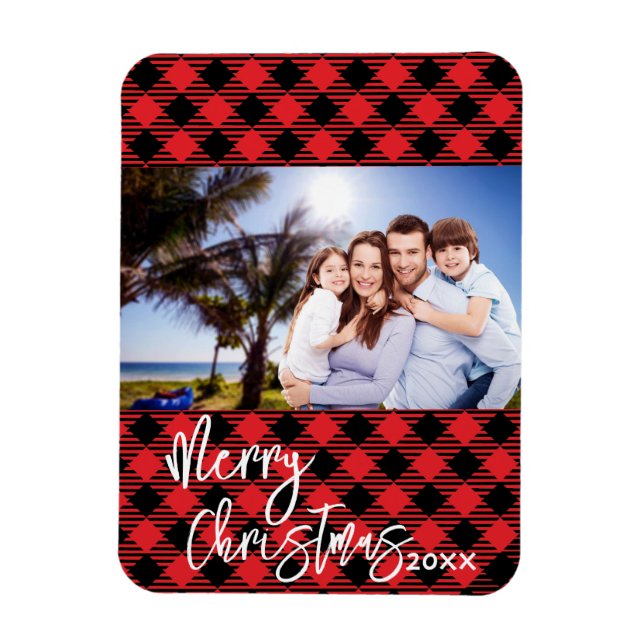 Plaid Photo Christmas Card - Frame Magnet Keepsake (Vertical)