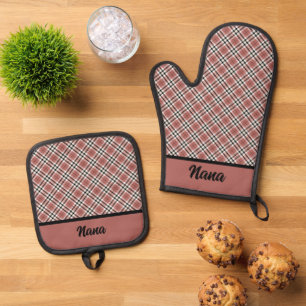  Plaid Pink and Burgundy  Oven Mitt & Pot Holder Set