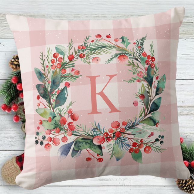 Plaid Pink Monogram Greenery  Christmas Wreath Cushion (Creator Uploaded)