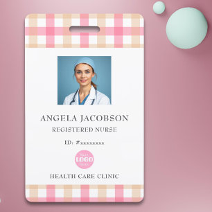 Plaid Pink Registered Nurse Logo ID Badge