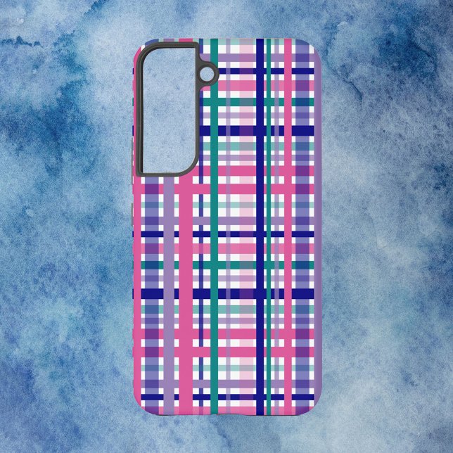 Plaid Pink Teal Navy Blue Purple Samsung Galaxy S22 Case (A phone case featuring a pink, blue, teal and purple plaid pattern on a white background)