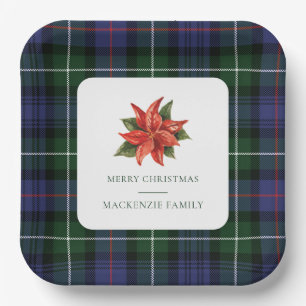 Plaid Poinsettia Floral Rustic Christmas Tartan Paper Plate
