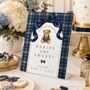 Plaid Polo Teddy Bear Take a Treat Baby Shower Pedestal Sign
