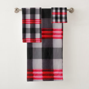 Plaid Popular Abstract Red Black Plaid Collection Bath Towel Set