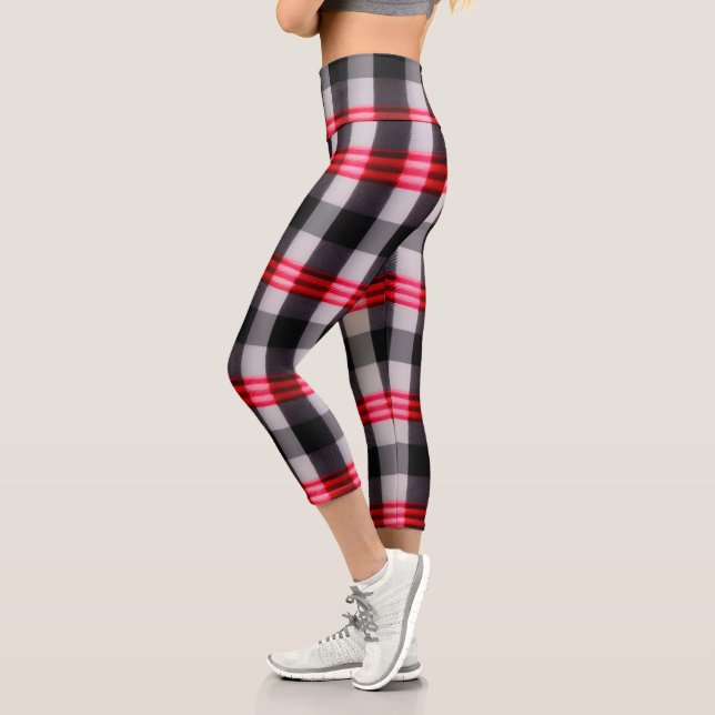 Plaid Popular Abstract Red Black Plaid Collection Capri Leggings (Left)