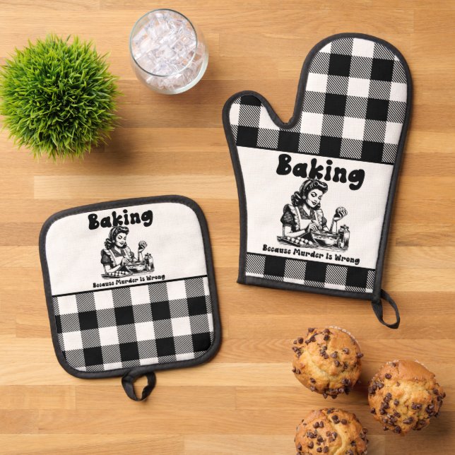 Plaid Pot Holder and Mitt Set Retro Baking Humour  (Top Down)