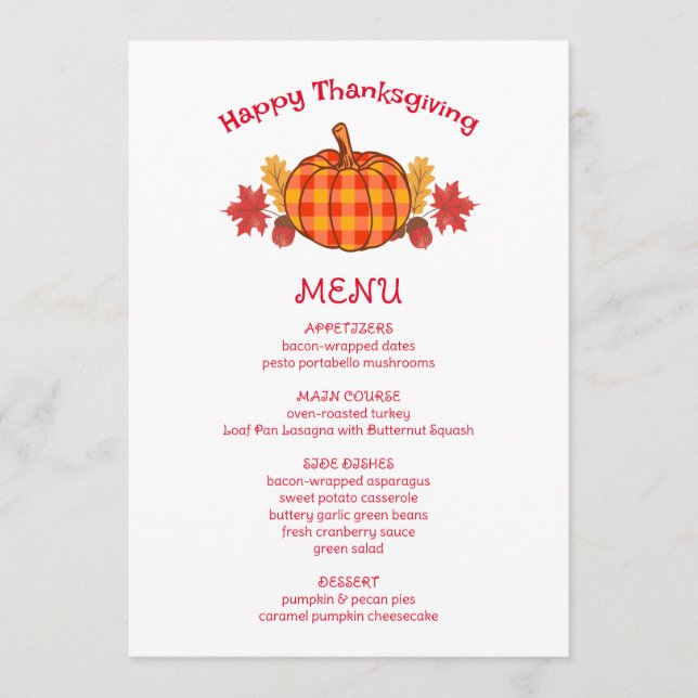 Plaid Pumpkin Acorn Twigs Fall Thanksgiving Menu (Front)
