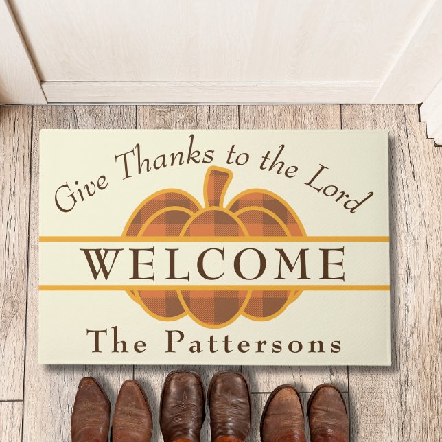 Plaid Pumpkin Give Thanks to the Lord Thanksgiving Doormat (Creator Uploaded)