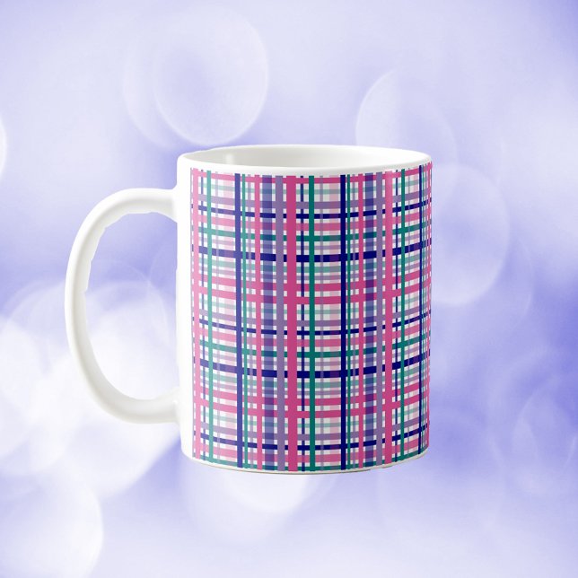 Plaid Purple Teal Navy Blue Pink White Coffee Mug (A mug with a plaid pattern featuring pink, purple, teal and blue lines on a white background.)