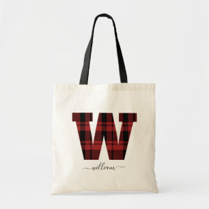 Plaid Red and Black Monogram Letter "W” Name Tote Bag