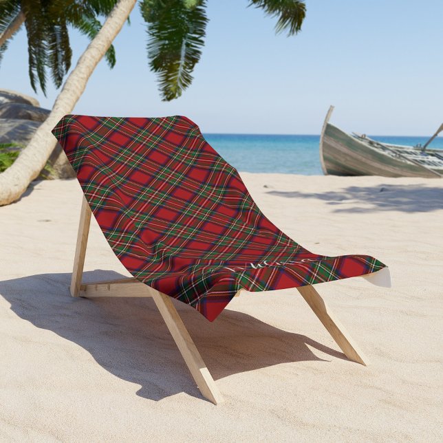 Plaid Red and Green Rustic Classic Tartan Beach Towel (Red and Green Check Clan Stewart Tartan Monogram Beach Towel)