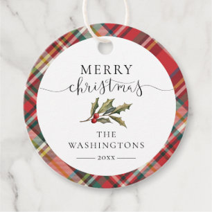 Plaid Red Check Elegant Merry Christmas Holidays Favour Tags
