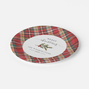 Plaid Red Check Rustic Merry Christmas Farmhouse Paper Plate