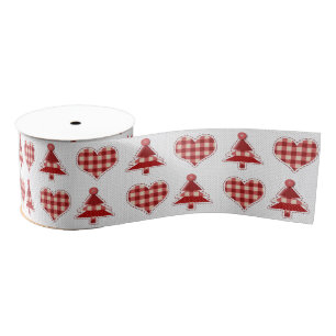 Plaid Red Christmas Trees and Hearts Pattern Grosgrain Ribbon