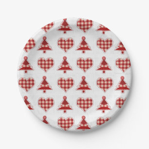 Plaid Red Christmas Trees and Hearts Pattern Paper Plate