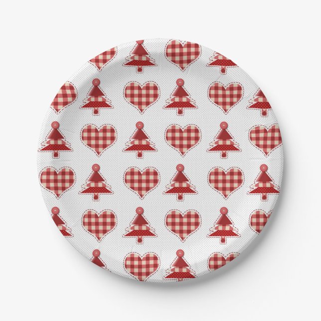 Plaid Red Christmas Trees and Hearts Pattern Paper Plate (Front)