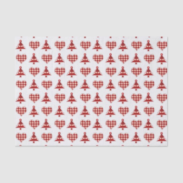 Plaid Red Christmas Trees and Hearts Pattern Tissue Paper (Front)