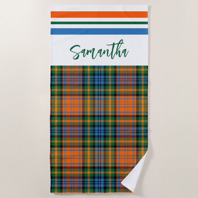 Plaid Red Green Rustic Bright Personalised Tartan Beach Towel (Front)