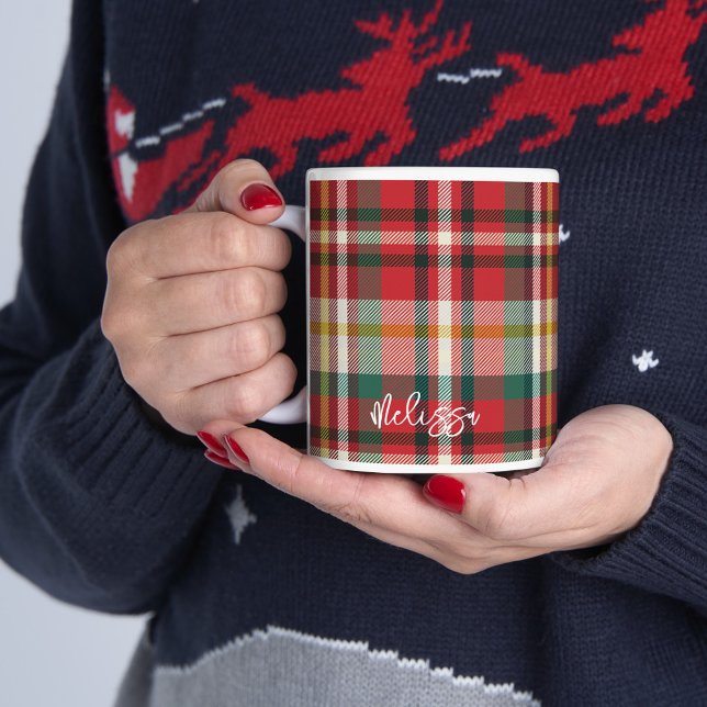 Plaid Red Green Rustic Personalised Christmas Coffee Mug (Personalized Script Plaid Rustic Christmas Holidays 11oz Coffee Mug)