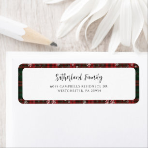 Plaid Red Green Script Snowflakes Return Address