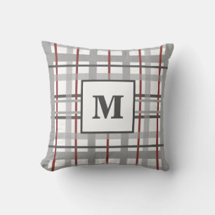 Plaid Red Grey Silver Monogram Cushion