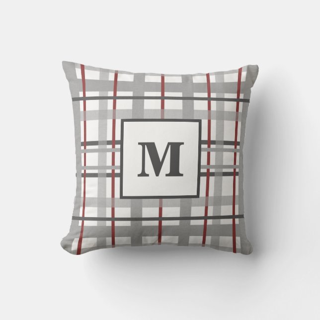Plaid Red Grey Silver Monogram Cushion (Front)