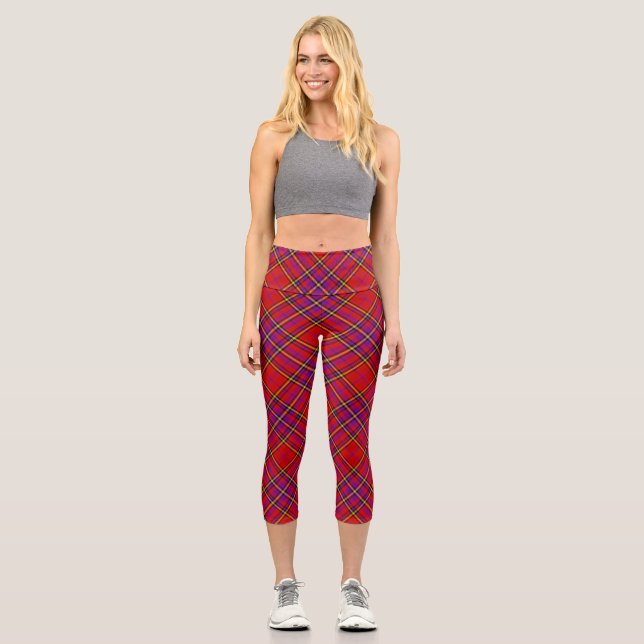 Plaid Red Tartan Swahili Chequered Pattern Capri Leggings (Front)