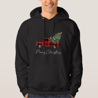 Plaid Red Truck Christmas Merry Christmas Xmas Tre Hoodie