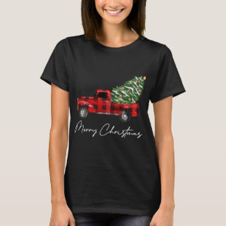 Plaid Red Truck Christmas Merry Christmas Xmas Tre T-Shirt