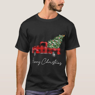 Plaid Red Truck Christmas Merry Christmas Xmas Tre T-Shirt