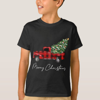 Plaid Red Truck Christmas Merry Christmas Xmas Tre T-Shirt