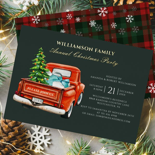 Plaid Red Truck Rustic Christmas Party Gold (Rustic Plaid Christmas Party Red Truck Tartan Invitation Card)