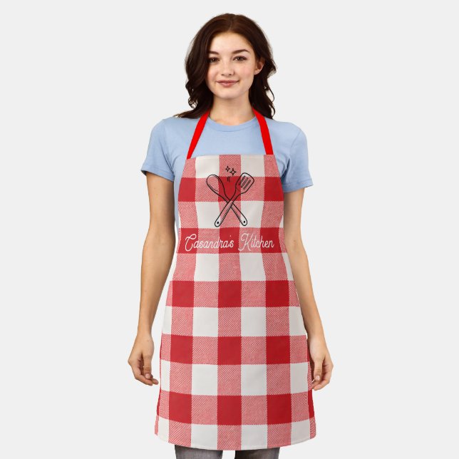 Plaid Red & White Custom Name Gift Apron (Worn)