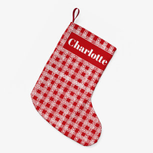 Plaid red white lace chequered pattern custom name small christmas stocking