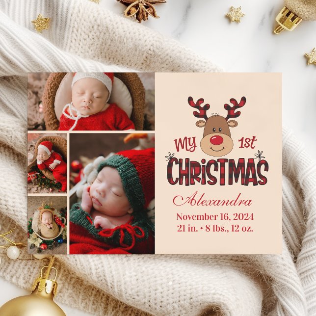 Plaid Reindeer Baby First Christmas 4 Photo  Holiday Card (Creator Uploaded)