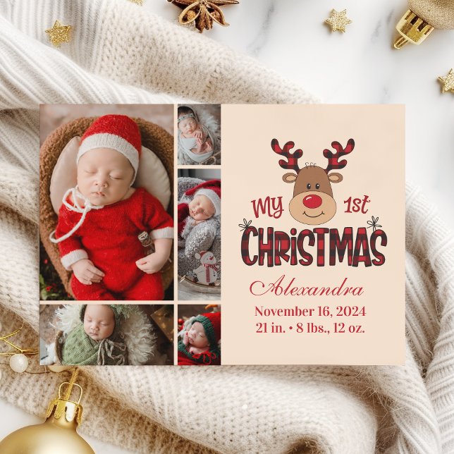 Plaid Reindeer Baby First Christmas 5 Photo  Holiday Card (Creator Uploaded)
